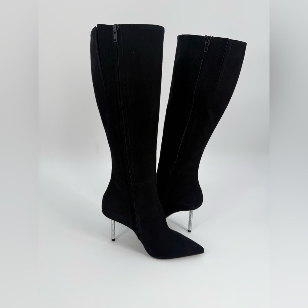 Diane B. Sophisticated Black Suede Knee-High Stiletto Boots with Rhinestone Heel - Picture 8 of 16